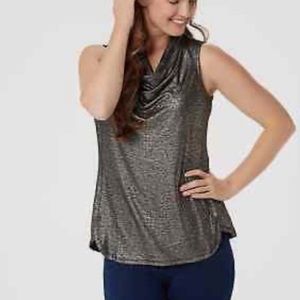 NWOT Lisa Rinna Collection Metallic Foil Print Cowl-Neck Sleeveless Stretch Top.